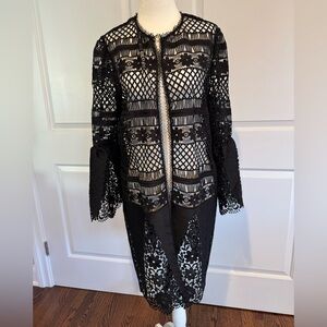 Women’s Elie Tahari black lace mid length sheer jacket blouse gorgeous size med